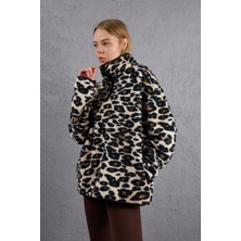 Banega Leopar Desenli Yarım Fermuarlı Cepli Içi Polarlı Peluş Oversize Sweatshirt