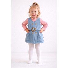 Dinamik çocuk Kız Bebek/çocuk Kruvaze Ahşap Düğme Detaylı Kemerli Kot Jile Elbise+Uzun Kollu Badili 2li Takım Mevsimlik Bayramlık 6-24AYLIK