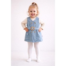 Dinamik çocuk Kız Bebek/çocuk Kruvaze Ahşap Düğme Detaylı Kemerli Kot Jile Elbise+Uzun Kollu Badili 2li Takım Mevsimlik Bayramlık 6-24AYLIK