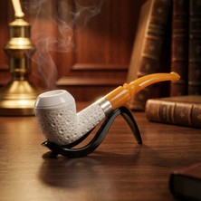 Goldenlight Meerschaum El Oyma Lületaşı Pipo Nokta Desenli 925 Gümüş Halka Akrilik Ağızlık Filtresiz Koleksiyonluk Hediye