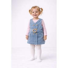 Dinamik çocuk Kız Bebek/çocuk Kruvaze Ahşap Düğme Detaylı Kemerli Kot Jile Elbise+Uzun Kollu Badili 2li Takım Mevsimlik Bayramlık 6-24AYLIK