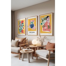 Zestia Ahşap Çerçeveli 3’lü Tablo Seti, Sarı Botanik & Illüstrasyon – Modern Salon Set No: 30145