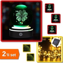 Hereveoyuncak USB Li Yonca Tasarımlı Dönen Cam Küre + Solar Çiçekli Dekoratif 30 LED Bahçe Lambası - 2li Set F9D8X8
