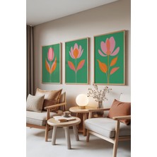 Zestia Ahşap Çerçeveli 3’lü Tablo Seti, Çiçek Illüstrasyonu – Yeşil Pembe, Salon Set No: 30118