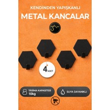 3art Metal Dekorasyon 4'lü Kendinden Yapışkanlı Askılık - Güçlü Yapışkanlı Duvar Askısı - Modern Siyah Askı