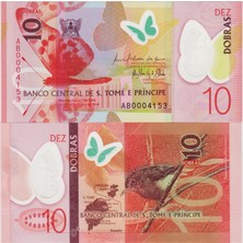 Banknoting Sao Tome ve Principe 10 Dobra 2016 Polymer. Ab Serisi Düşük Seri No Çil.