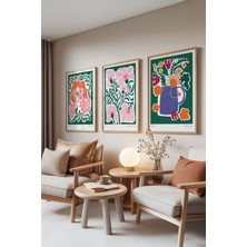 Zestia Ahşap Çerçeveli 3’lü Tablo Seti, Canlı Botanik & Portre – Salon Set No: 30140