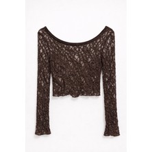 Mixray 2036 Kadın Uzun Kollu Dantelli Transparan Bluz Kahve