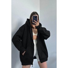 Yakamel Kadın Oversize Kapüşonlu Hırka Siyah Desensiz Modern Tasarım