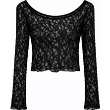 Mixray 2036 Kadın Uzun Kollu Dantelli Transparan Bluz Siyah