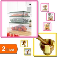 Hereveoyuncak Buzluk Saklama Kabı 3,8lt + Bambu Havan (Ahşap) Büyük - 2li Set XY456