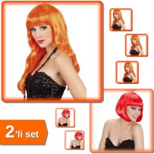 Hereveoyuncak Turuncu Uzun + Kırmızı Küt Peruk 2li Set | Kostüm & Tiyatro KG7H2P