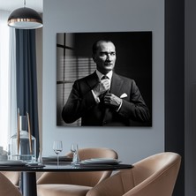 Myphotostation Siyah Takım Elbiseli Atatürk Dekoratif Temperli Cam Tablo, Modern Uv Baskılı Duvar Tablosu, Salon ve Ofis Için Şık Duvar Dekoru