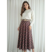 Enga Vera Kadın Ekose Desenli Uzun Yüksek Bel Yandan Fermuar Kışlık Etek (Dökümlü Model)