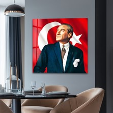 Myphotostation Türk Bayrağı ile Atatürk Dekoratif Temperli Cam Tablo, Modern Uv Baskılı Duvar Tablosu, Salon ve Ofis Için Şık Duvar Dekoru