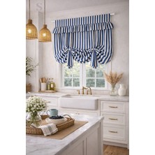 Shules Collection Bağlama Detaylı Mavi Naturel Çizgili Retro Fon Perde( %100 Pamuk Buldan Kumaşı)