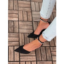 Ayakkabı Prensi Signy Bilekten Bağcıklı Taş Detaylı Siyah Süet Siyah Suet 10 cm Kadın Stiletto, Topuklu Ayakkabı