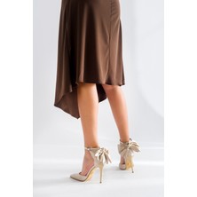 Ayakkabı Prensi Diana Kurdele Detaylı Taşlı Ten 10 cm Kadın Stiletto, Topuklu Ayakkabı