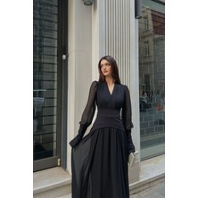 Klex Uzun Kollu Kuşaklı Şifon Uzun Boy Kadın Abiye Elbise Siyah - S