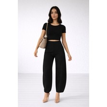 Mg Giyim Krep Kumaş Yüksek Bel Balon Pantolon Siyah Ofis Günlük Şık