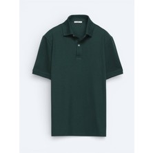 Kip Yeşil Düz Polo Yaka Pamuk Karışımlı T-Shirt