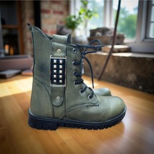 Metal Aksesuarlı Taktik Stil Haki Yeşil Bağcıklı Fermuarlı Bot