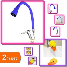 Hereveoyuncak Oynar Başlıklı Çelik Spiral Üzeri Silikon Kaplama Mavi + Musluk Uzatıcı Sevimli Ördek - 2li Set B5H5