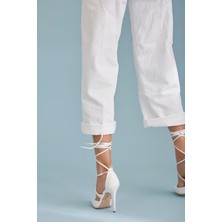 Ayakkabı Prensi Vivid Bilekten Bağcıklı Beyaz Mat 10 cm Kadın Stiletto, Topuklu Ayakkabı
