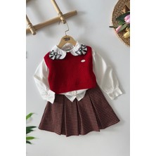 Miniğimin Cicileri Yaka Fiyonk Işleme Detaylı 3 Lü Kız Çocuk Takım - Kırmızı