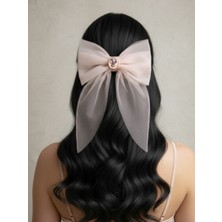 LİCSHE Licshe Handmade Charm Detaylı Toz Pembe Organze Büyük Fiyonk Saç Tokası