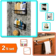 Hereveoyuncak 2 Adet Plastik Yapışkanlı Mutfak Banyo Rafı + Mutfak Dolabı Çekmece Üstü Havlu Askısı - 2li Set U6G2