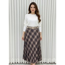Enga Vera Kadın Pileli Ekose Midi Boy Etek Yüksek Bel Rahat Kalıp Günlük Şık Kombin