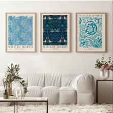 Pam Studio William Morris Üçlü Ahşap Tablo Seti – Mavi Çiçek ve Kuş Desenli Dekoratif Duvar Süsü