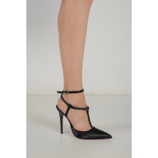 Ayakkabı Prensi Yael Bilekten Bantlı Siyah Saten Siyah 10 cm Kadın Stiletto, Topuklu Ayakkabı