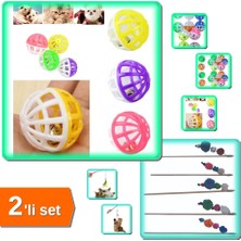Hereveoyuncak Kedi Oltası - Peluş Toplar + 10 Adet Çıngıraklı Evcil Hayvan Oyun Topu - 2li Oyun Seti FK5H02