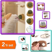 Hereveoyuncak Duvara Yapışan Kedi Nanesi Cat Oyun Topu + Tüylü Kurmalı Kedi Eğitim Oyuncağı - 2li Set F5A6B0