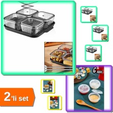Hereveoyuncak 4 Bölmeli Akrilik Sızdırmaz Kapaklı Tepsili Kahvaltılık + 6 Adet Şeffaf Mini Sosluk - 2li Set L1R1Q6