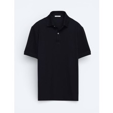 Kip Lacivert Düz Polo Yaka Pamuk Karışımlı T-Shirt