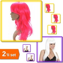 Hereveoyuncak Renkli Uzun Peruk Saç Pembe + Renkli Uzun Peruk Saç Beyaz - 2li Set T7Y7T6