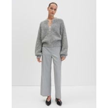 Mg Giyim Yüksek Bel Dokuma Kumaş Beli Lastikli Gri Kumaş Pantolon