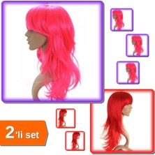 Hereveoyuncak Pembe + Kırmızı Uzun Saç Peruk Seti – Renkli Kostüm ve Parti Saç Modası 2’li Set KSRP78