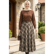 Harman Butik Kadın Kahverengi Ekose Desenli Etek