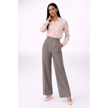 Mg Giyim Dokuma Kumaş Yüksel Bel Bol Paça Palazzo Gri Pantolon