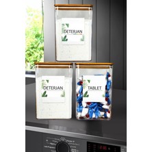 Comprox Banyo Saklama Kabı Dikdörtgen 2,9lt 3'li Set Tablet/deterjan Kabı Kutusu Ahşap Ağaç Vakum Kapaklı