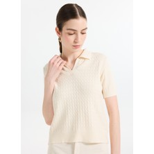 People By Fabrika Gömlek Yaka Basic Düz Ekru Kazak Kadın PBF5WL-KZK9526