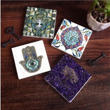 Hayat Ağacı, Çini Sanatı, Fatma Ana Eli  Taş Bardak Altlığı Seti - 4 Parça - Dekoratif, Rustik Mutfak Aksesuarı, 10X10 Cm, Kaydırmaz Tabanlı, Şık ve Dayanıklı SC484