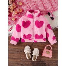 RosabelleMare Kalp Desenli Pembe Kız Çocuk Fermuarlı Polar Ceket, Yumuşak Dokusu ve Şirin Tasarımıyla Öne Çıkar.