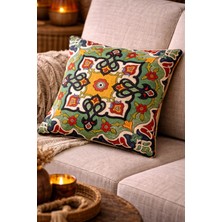 Nazende Handmade Etnik Desenli Dekoratif Kırlent Kılıfı, Çok Renkli,43 X43 cm (Kare) ,keten