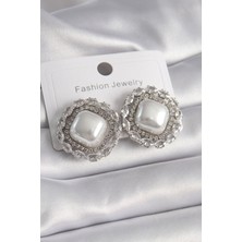 Epilons Pirinç Gümüş Renk Kare İnci Zirkon Taşlı Kadın Küpe - TJ-BKP9631