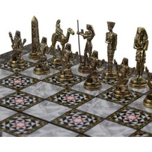 Metal Mısır Satranç Takımı Parlak ve Katlanır Sedef Desenli Mdf Ahşap Satranç Tahtası (43X43 Cm.)